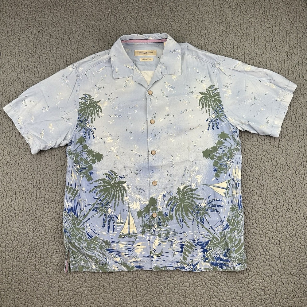 TOMMY BAHAMA Mens M Med Hawaiian Camp Shirt Colorful Floral Cotton Tencel Fabric